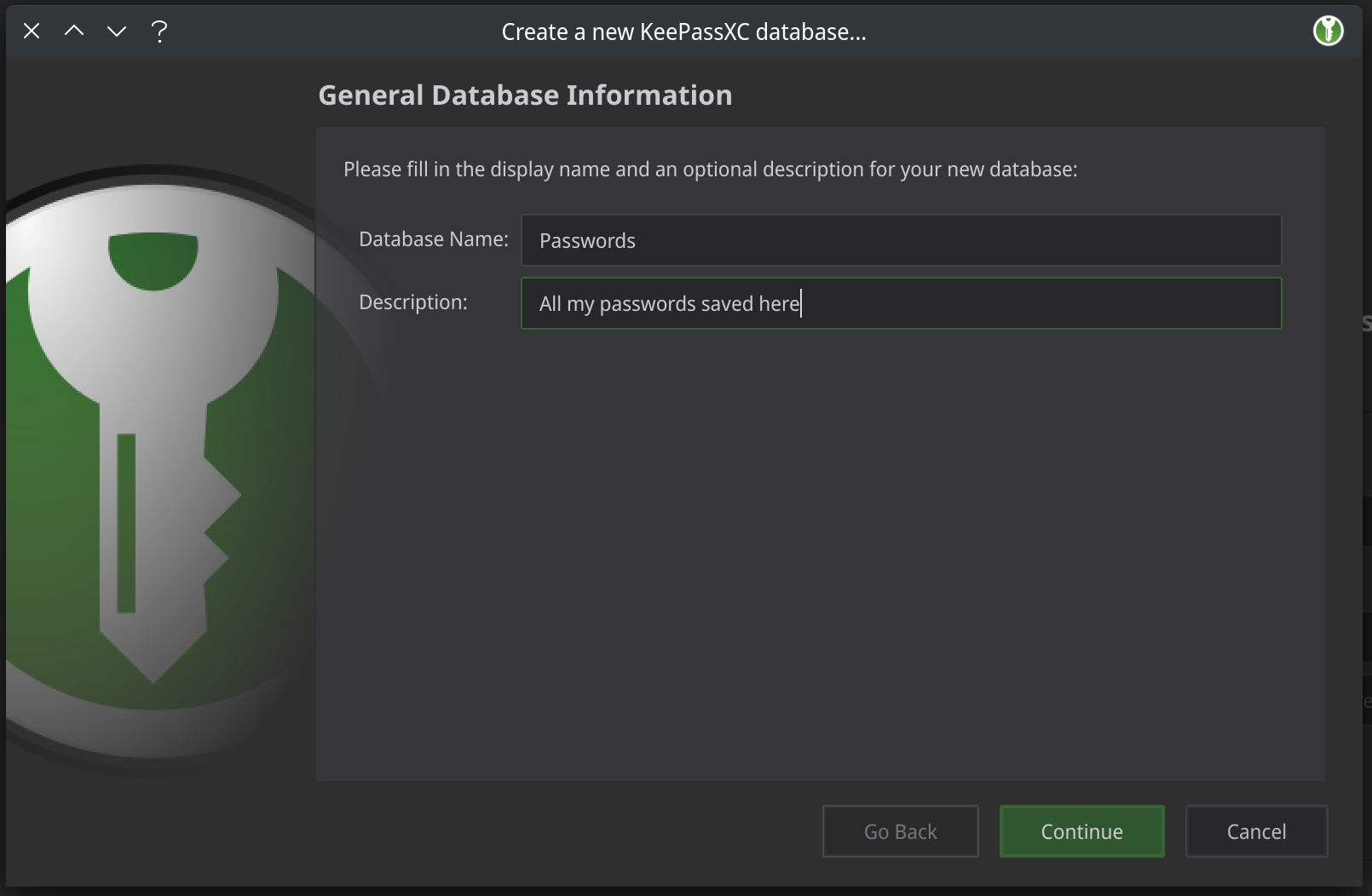 KeePassXC give a database name and description