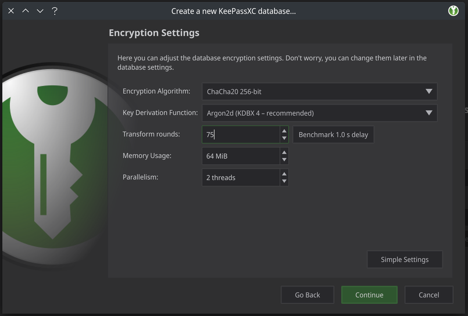 KeePassXC choose encryption settings