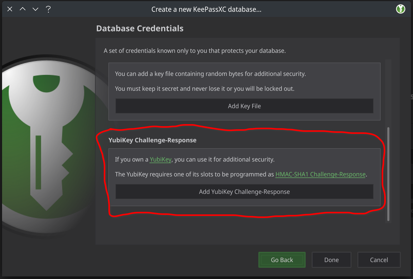 KeePassXC select Yubikey setup