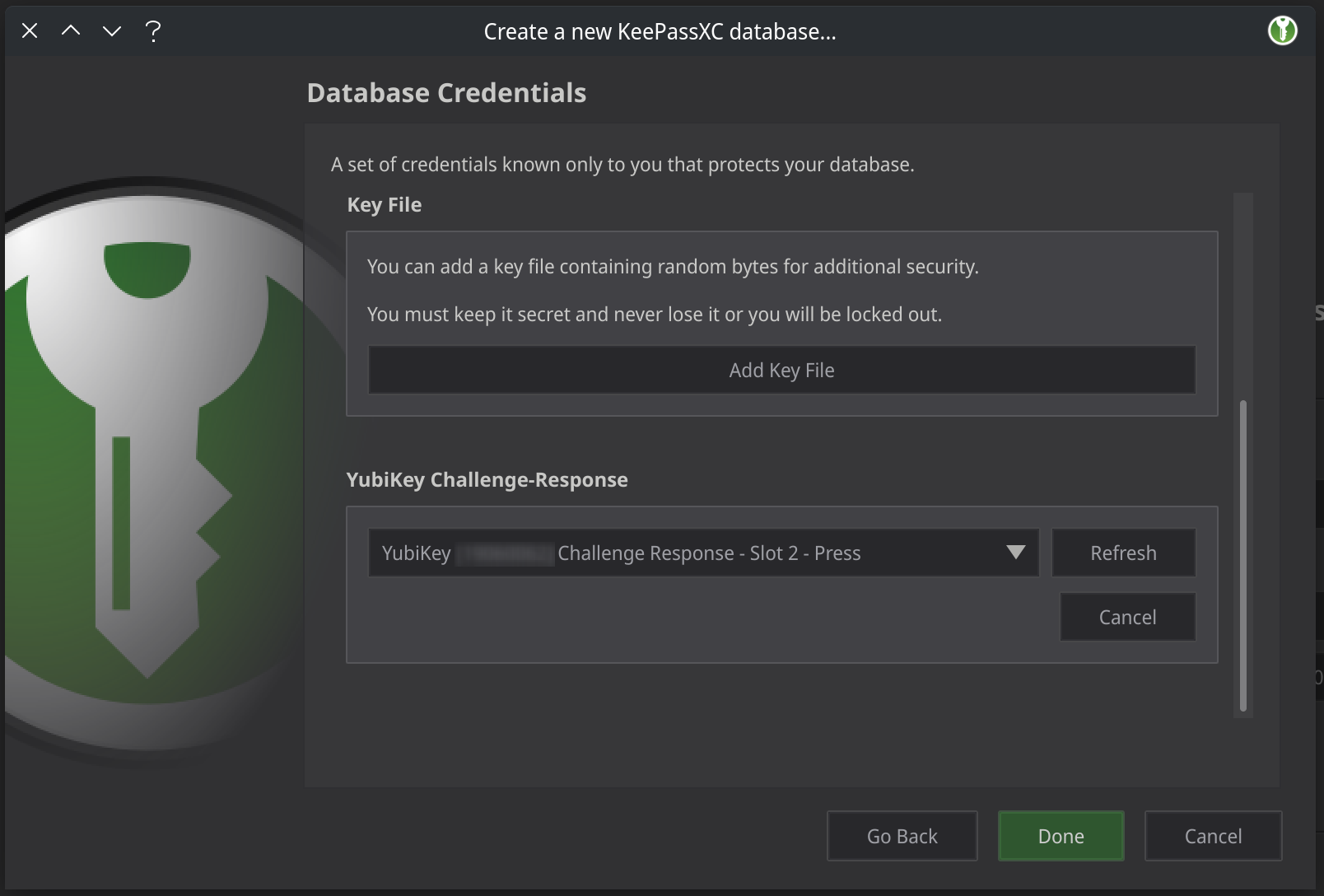 KeePassXC insert Yubikey and hit refresh