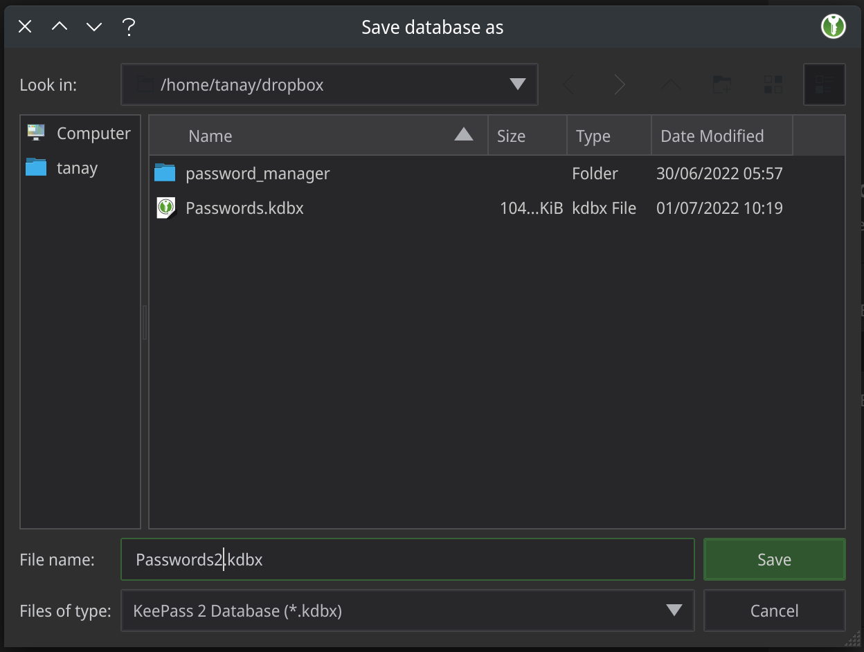 KeePassXC save database file to password manage setup